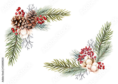 Watercolor border of winter and autumn plants.  Vector illustration of holly watercolor frame.