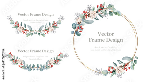Botanical frame and border set. Watercolor of eucalyptus and red berry on white background. Gold line circle with plant wreath. Vector illustration.