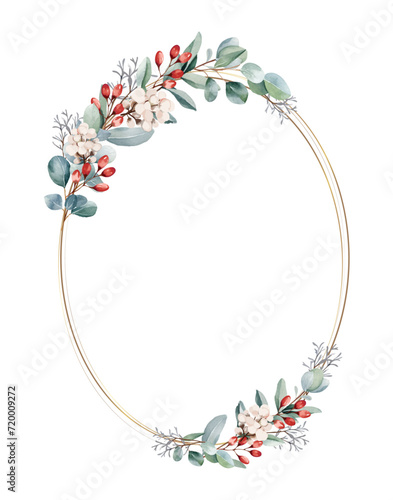 Botanical frame and border of eucalyptus and red berry on white background. Gold line oval with plant wreath. Vector illustration.
