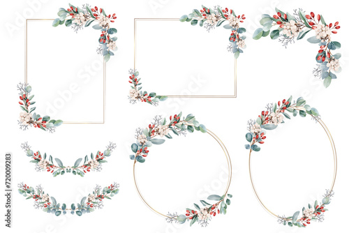 Botanical frame and border set. Watercolor of eucalyptus and red berry on white background.  Gold line circle and square with plant wreath. Vector illustration.