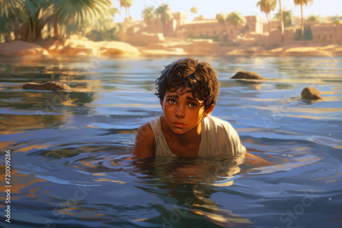 Illustration of a young Egyptian boy, aged 7, struggling in the Nile River after slipping away from his family’s picnic spot