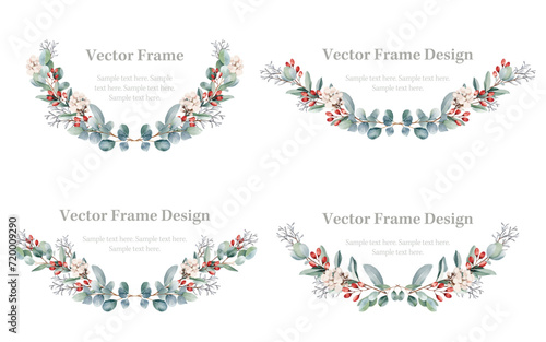Botanical laural and border set. Watercolor of eucalyptus and red berry wreath on white background.  Vector frame illustration.