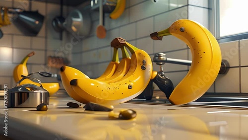 A gang of bananas on a kitchen counter doing the robot one accidentally booping another on the nose with their peel middance. photo