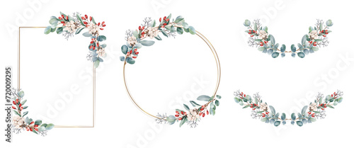 Botanical frame and border set. Watercolor of eucalyptus and red berry on white background. Gold line circle and square with plant wreath. Vector illustration.