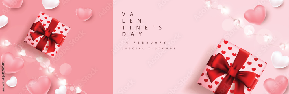 Valentine's day card, banner or poster template background with festive heart shaped and gift decoration Valentine's day card, banner or poster template background with festive heart shaped and gift decoration