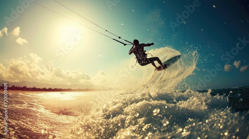 Parachute surfer jumping on the water, extreme sport