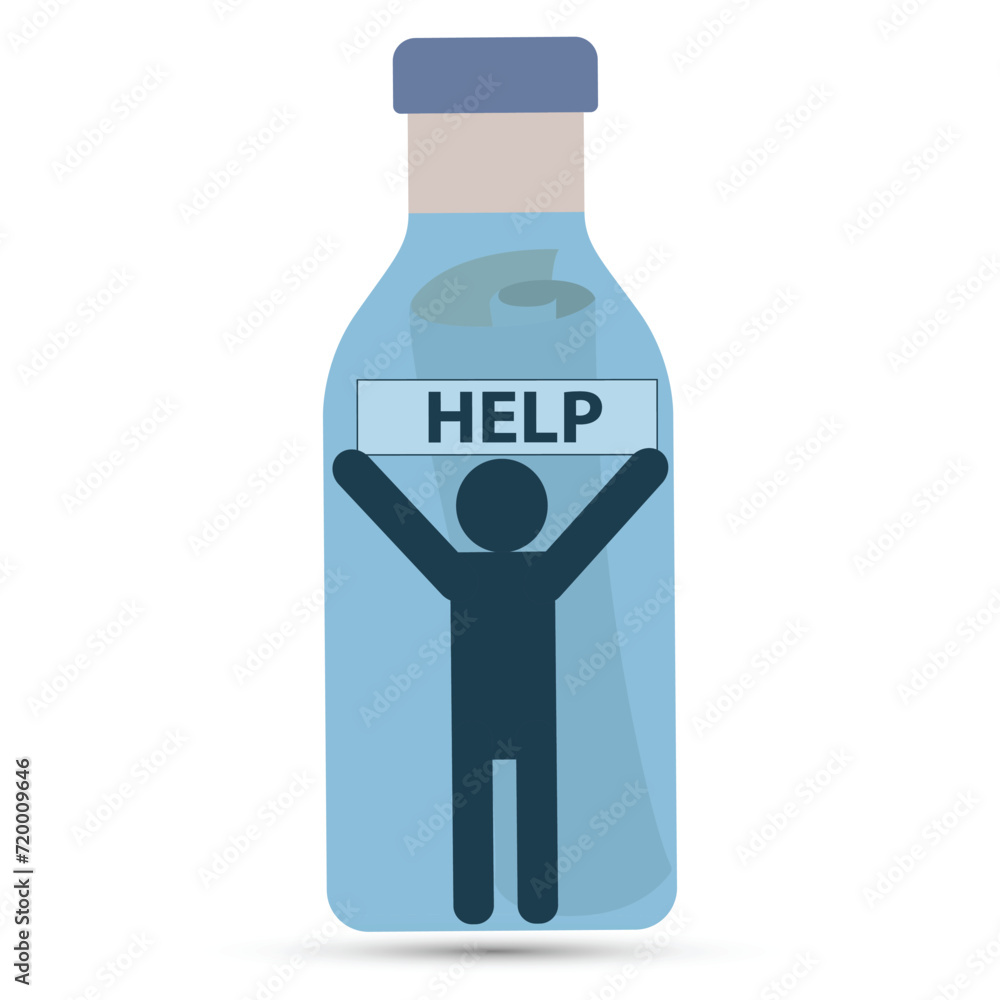 Silhouette of a person in a bottle holding a help message Silhouette of a person in a bottle holding a help message