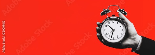 Striking image of a hand holding a classic alarm clock against a vivid red background, conveying a sense of urgency and the importance of time management. photo
