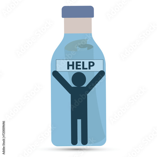 Silhouette of a person in a bottle holding a help message