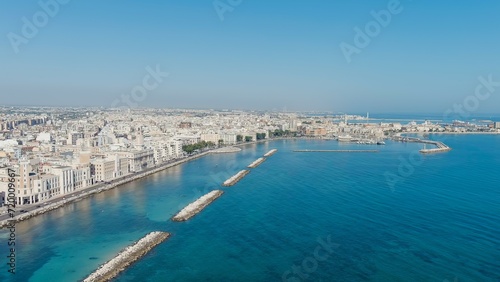 Bari, Italy. The central embankment of the city during the day. Lungomare di Bari. Summer. Bari - a port city on the Adriatic coast, Aerial View