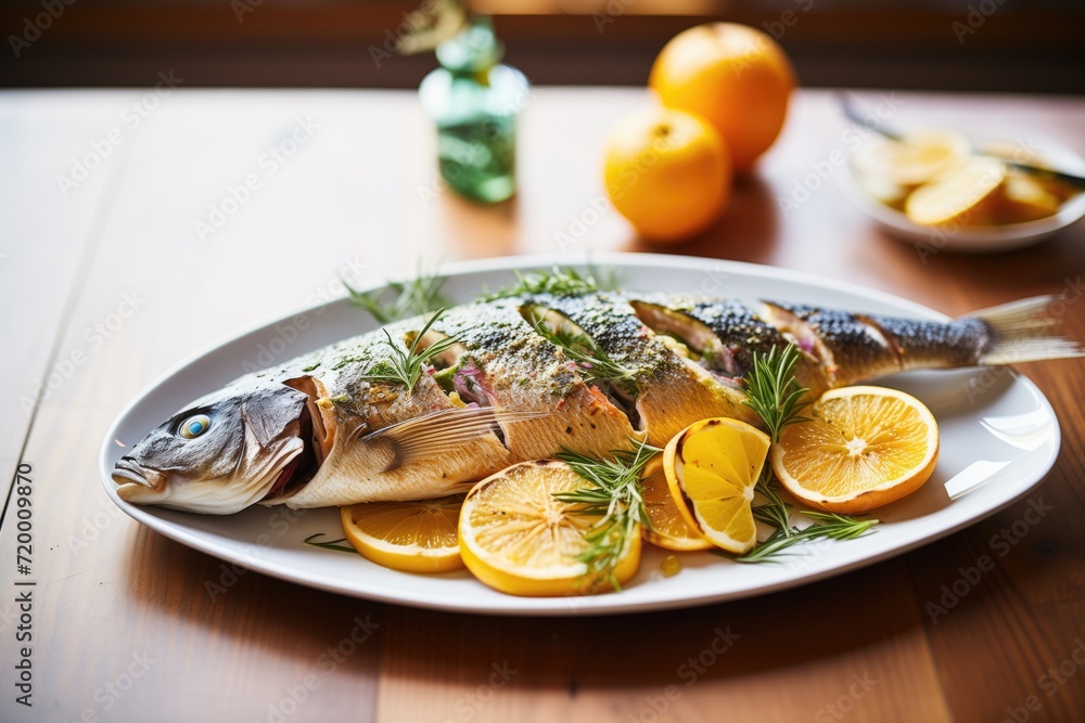 whole grilled fish with rosemary and citrus slices