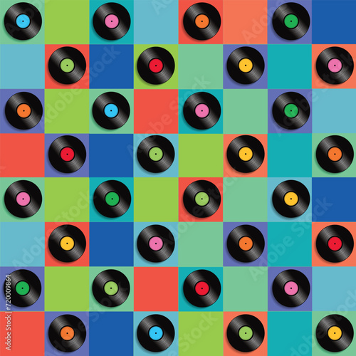 Seamless pattern of audio cassettes or retro cassette discs for designs, backgrounds, fabrics, wrappers, covers, etc.