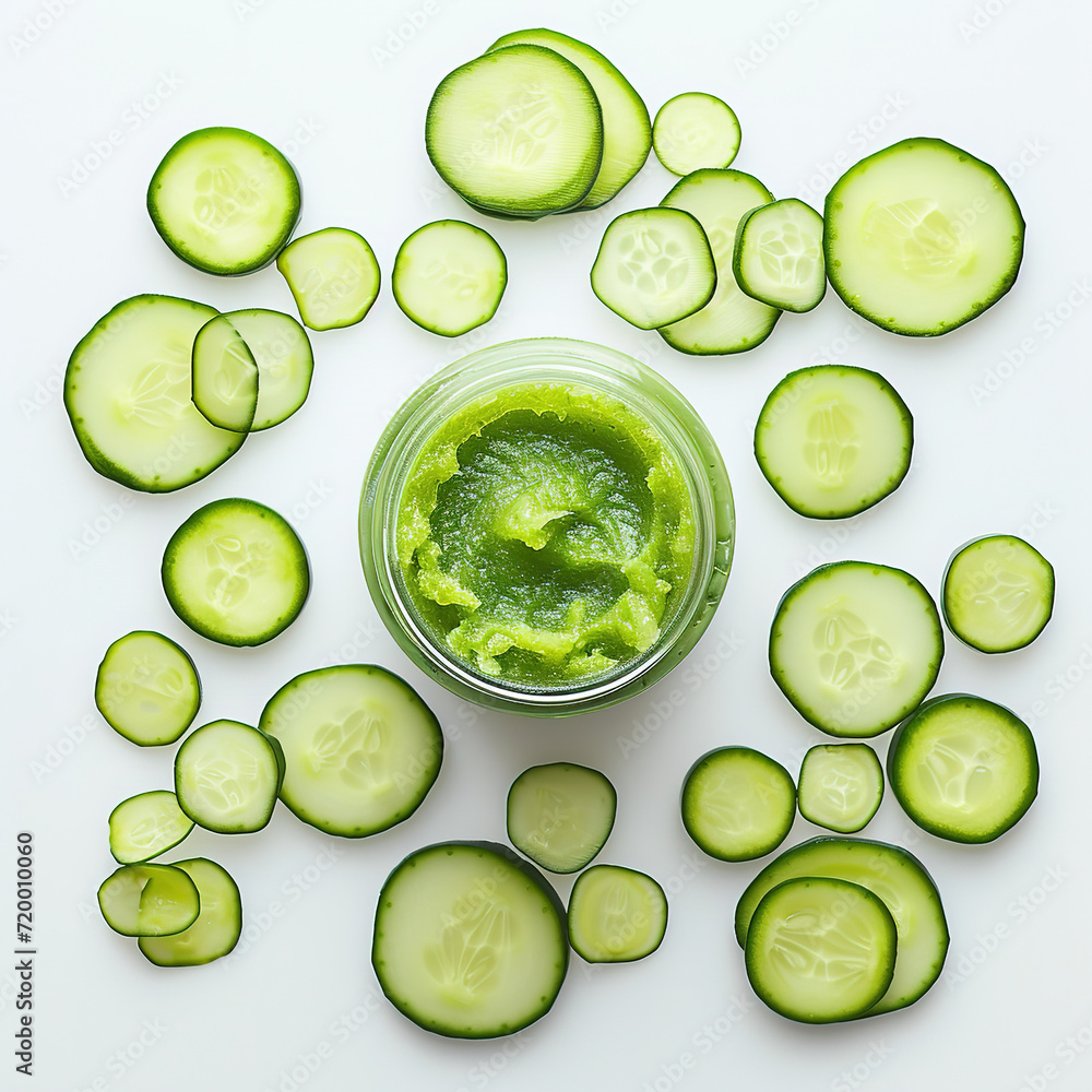 visual of refreshing cucumber slices arranged around a skincare jar, conveying the cool and rejuvenating properties of cucumber scrub visual of refreshing cucumber slices arranged around a skincare jar, conveying the cool and rejuvenating properties of cucumber scrub