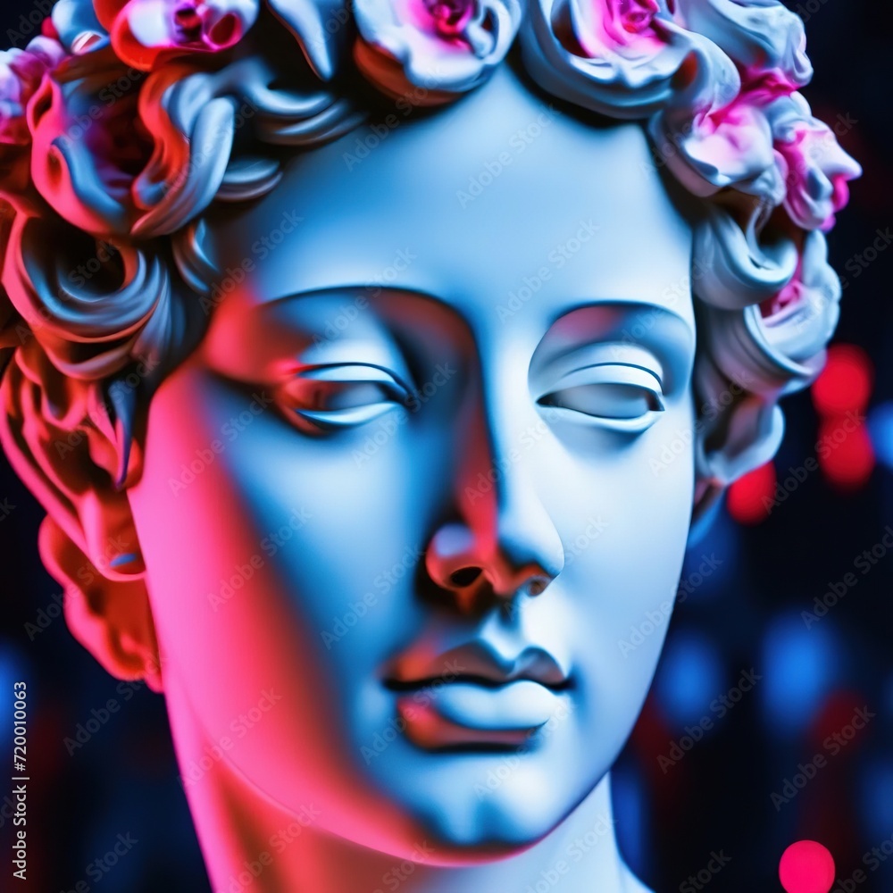 antique statue of a female head with neon pink and blue light on a black background. futuristic design. beauty of face and hair.