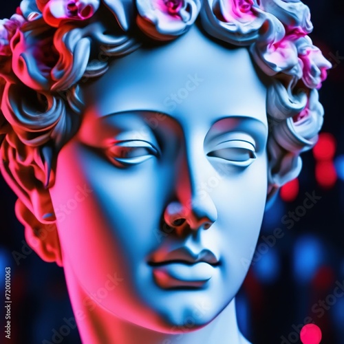 antique statue of a female head with neon pink and blue light on a black background. futuristic design. beauty of face and hair.