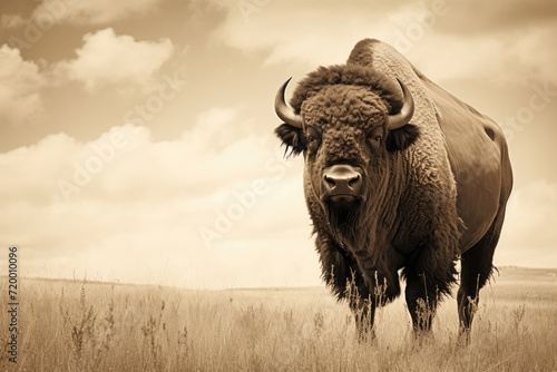 Vintage-style photograph of a bison in a prairie, with a sepia tone for a timeless, classic look