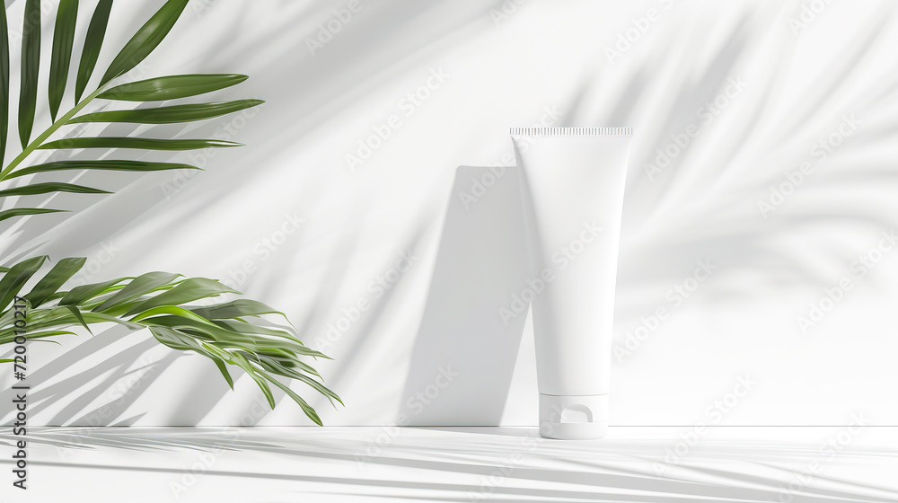 A sleek tube of fruit-infused cream displayed in high-quality against a stylish white backdrop A sleek tube of fruit-infused cream displayed in high-quality against a stylish white backdrop