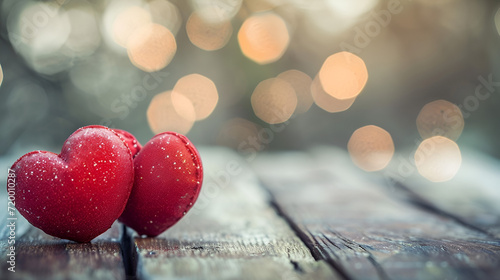 Two Red Valentine s Hearts Standing On Wooden Table With Soft Ro. generative Ai