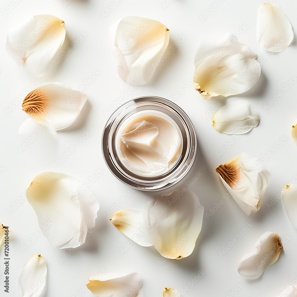 visual of a luxurious face cream jar, surrounded by delicate flower petals visual of a luxurious face cream jar, surrounded by delicate flower petals