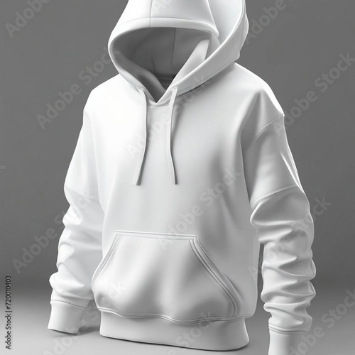 Blank white hoodie with hood mockup, side and back view, 3d rendering. Empty sport sweat-shirt for daily mock up, isolated. Clear fabric or fleece loose overall hoody for fashion outfit template.
 photo