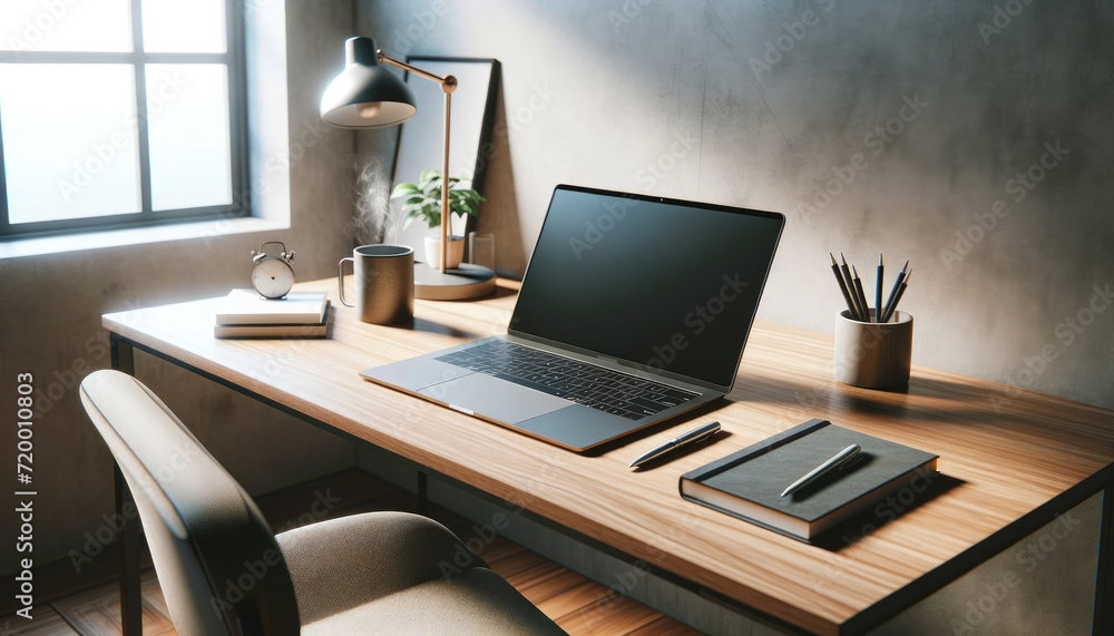 A modern and minimalist workspace featuring an open laptop, desk lamp, and office supplies, bathed in natural light from a window. A modern and minimalist workspace featuring an open laptop, desk lamp, and office supplies, bathed in natural light from a window.