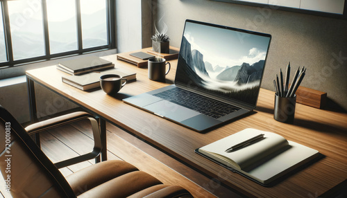 A modern and minimalist workspace featuring an open laptop, desk lamp, and office supplies, bathed in natural light from a window.