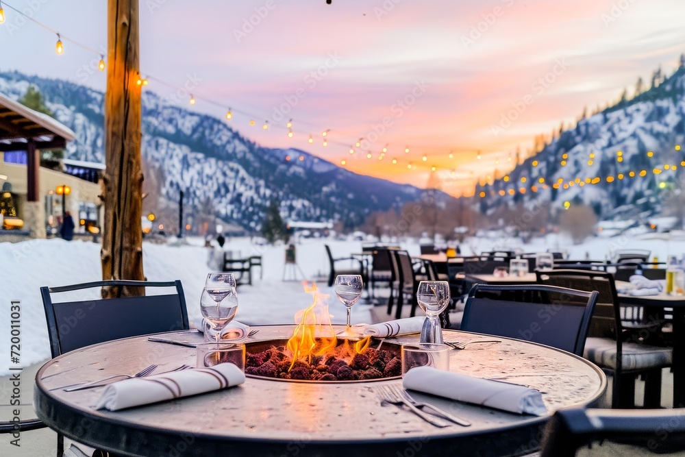 A romantic outdoor dining setup with a fire pit at a snowy mountain resort during a beautiful sunset.
