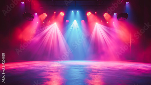 Empty stage with vibrant purple, red, and blue lights ready for a live performance or concert event.