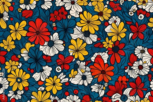 A burst of creativity unfolds with flowers in an abstract masterpiece  forming a seamless pattern adorned with the timeless charm of retro-inspired primary colors.