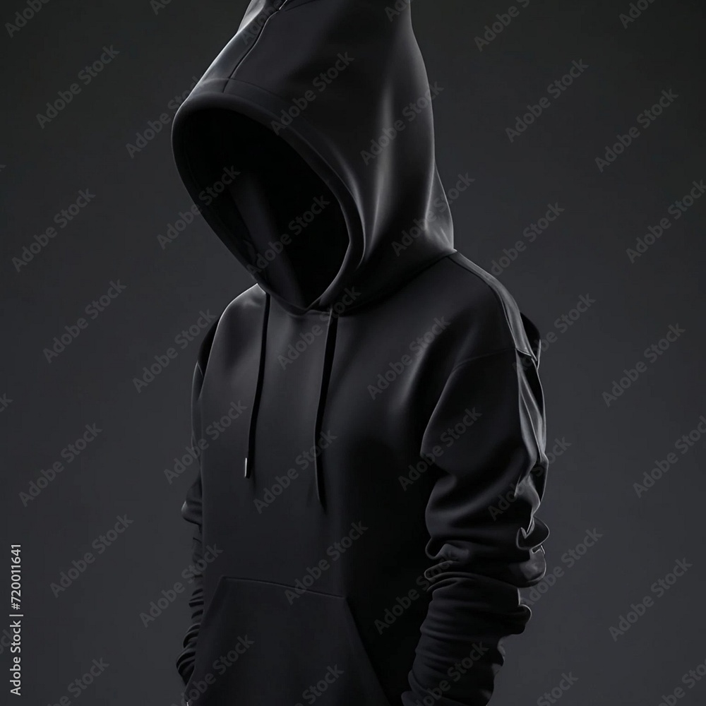 Blank black sport hoodie with hood mock up, different views, 3d rendering. Empty cloth hooded sweater mockup, isolated. Clear street jersey sweat-shirt or tolstovka for men template.
