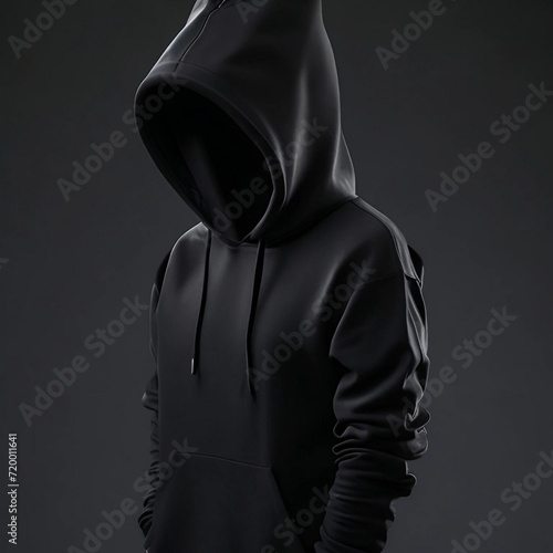 Blank black sport hoodie with hood mock up, different views, 3d rendering. Empty cloth hooded sweater mockup, isolated. Clear street jersey sweat-shirt or tolstovka for men template. 