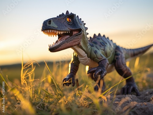 A toy dinosaur is standing in a field. Generative AI. © serg3d