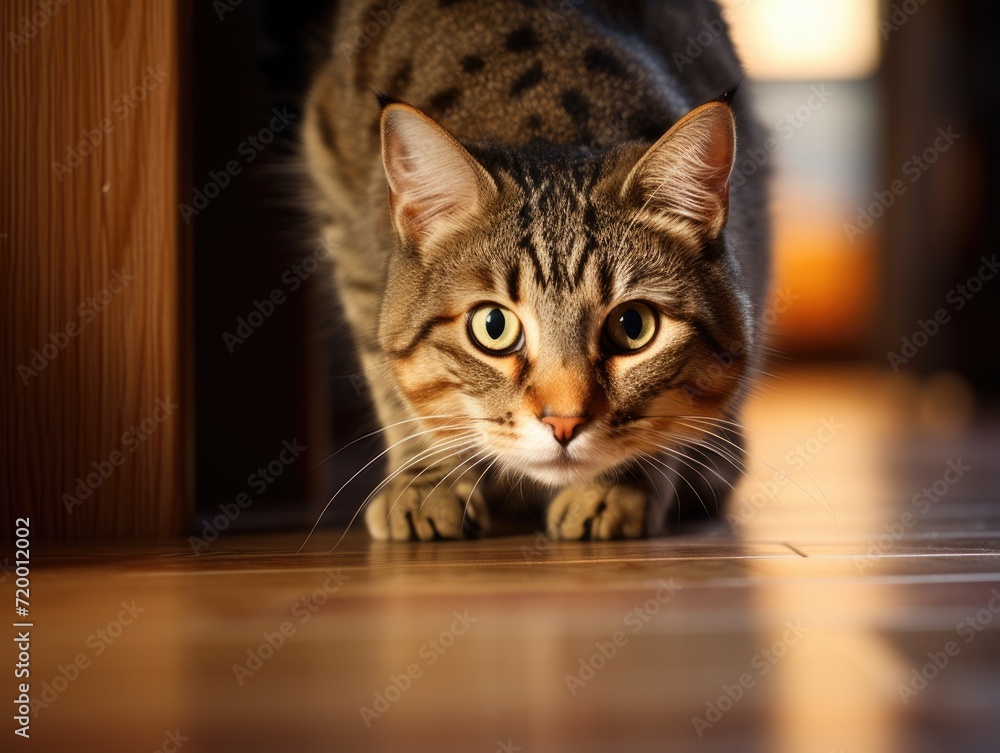 A cat preparing to attack on a wooden floor. Generative AI.