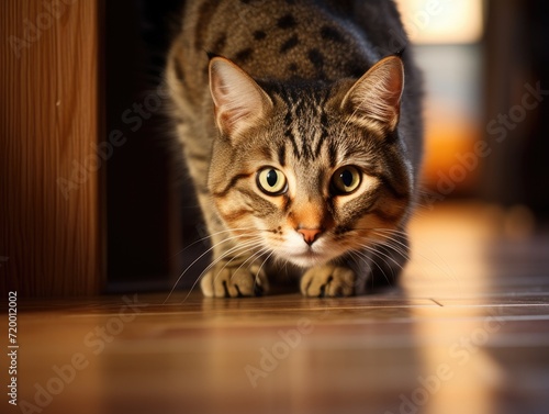 A cat preparing to attack on a wooden floor. Generative AI.
