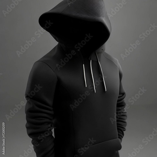 Blank black sport hoodie with hood mock up, different views, 3d rendering. Empty cloth hooded sweater mockup, isolated. Clear street jersey sweat-shirt or tolstovka for men template.
