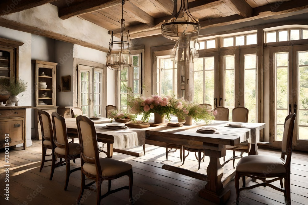 Obraz premium A sunlit dining room featuring a long wooden table, antique chairs, and a bouquet of fresh flowers, embodying the rustic yet refined aesthetics of French country design.
