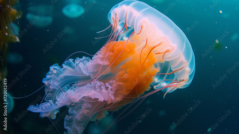 Obraz premium Illuminated jellyfish moving through the water. Isolated on dark background. a jellyfish with a purple body and blue tentacles is swimming in the water with a blue background and a blue sky. Common 