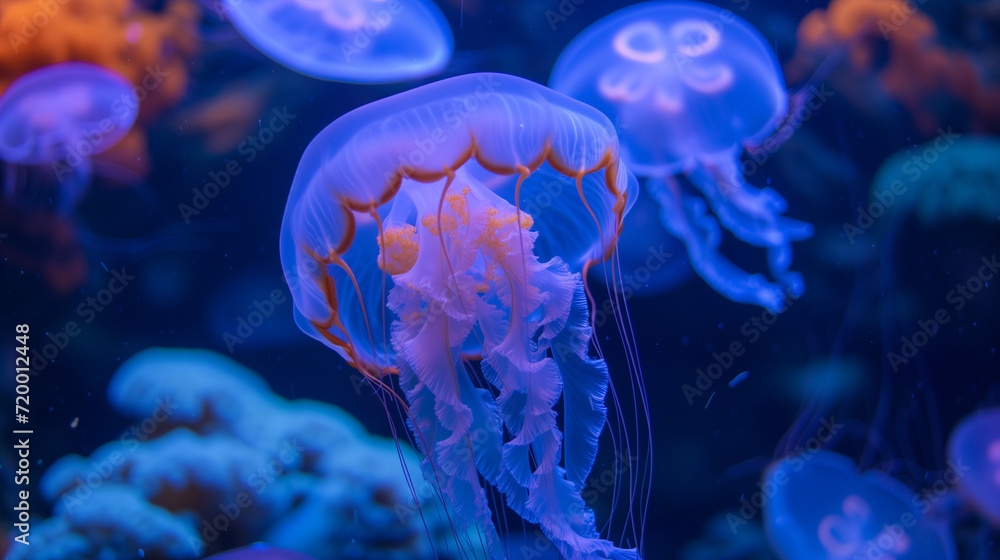 Obraz premium Illuminated jellyfish moving through the water. Isolated on dark background. a jellyfish with a purple body and blue tentacles is swimming in the water with a blue background and a blue sky. Common 