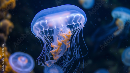 Illuminated jellyfish moving through the water. Isolated on dark background. a jellyfish with a purple body and blue tentacles is swimming in the water with a blue background and a blue sky. Common  © Sweetrose official 