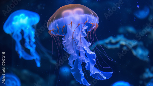 Illuminated jellyfish moving through the water. Isolated on dark background. a jellyfish with a purple body and blue tentacles is swimming in the water with a blue background and a blue sky. Common 