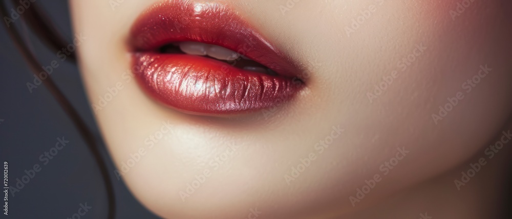 Fototapeta premium lips girl, lipstick's texture, color, and application on the lips