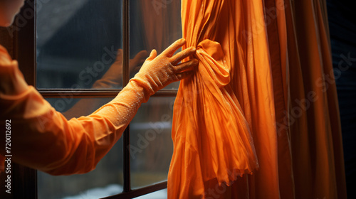 A woman in orange gloves washes the window