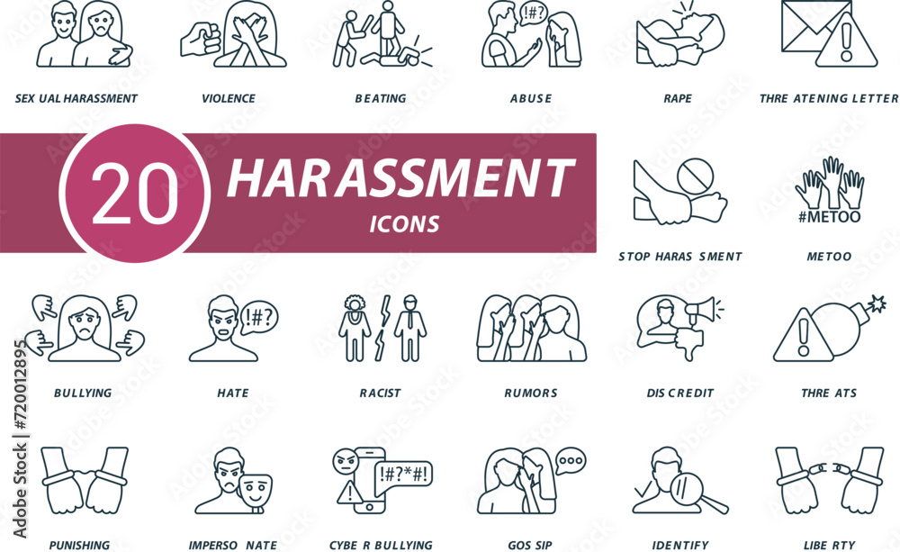 Harassment outline icons set. Creative icons: sexual harassment, violence, beating, abuse, rape, threatening letter, stop harassment and more