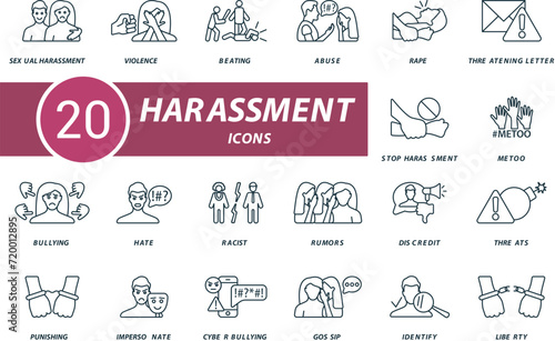Harassment outline icons set. Creative icons: sexual harassment, violence, beating, abuse, rape, threatening letter, stop harassment and more