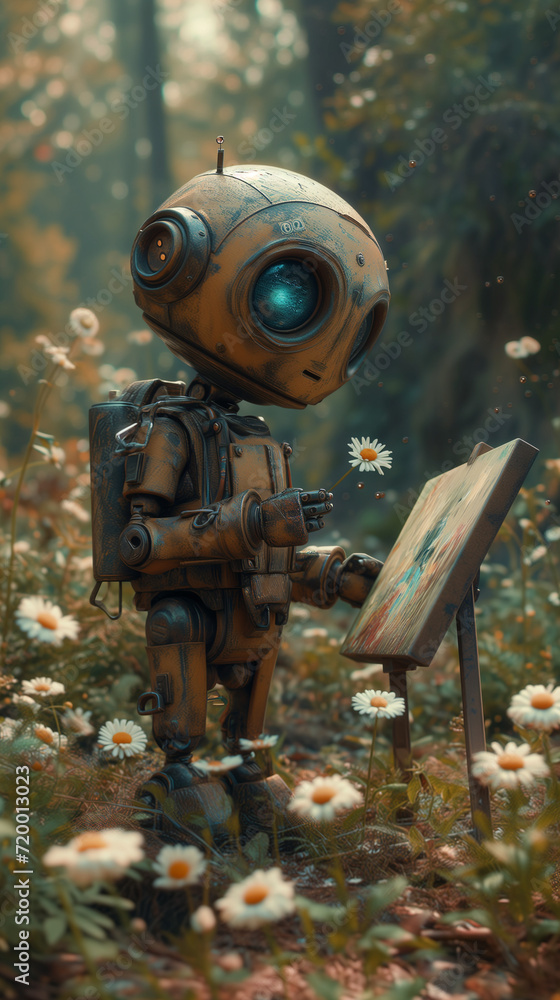 Yellow robot stands with a canvas and paints pictures in a meadow where there are many daisies Yellow robot stands with a canvas and paints pictures in a meadow where there are many daisies