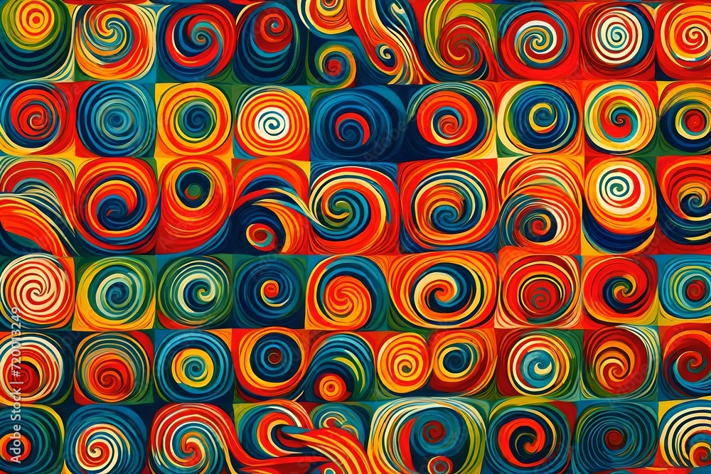 Spirals of retro allure grace the canvas in an abstract illustration, forming a seamless pattern of squares against a backdrop of lively primary colors. Spirals of retro allure grace the canvas in an abstract illustration, forming a seamless pattern of squares against a backdrop of lively primary colors.