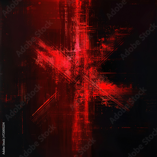 Distorted red X mark created through glitch effects on a dark background