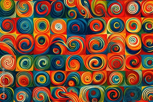 Spirals of retro allure grace the canvas in an abstract illustration, forming a seamless pattern of squares against a backdrop of lively primary colors.