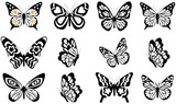 Butterfly tattoo art stickers. Black sketches. Vector hand drawn illustration, butterfly silhouette in trendy Retro  style.