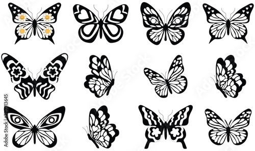 Butterfly tattoo art stickers. Black sketches. Vector hand drawn illustration, butterfly silhouette in trendy Retro style.